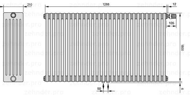 Схема (чертеж) Радиатор Zehnder Charleston 6180/28 №V008 Белый глянцевый RAL 9016
